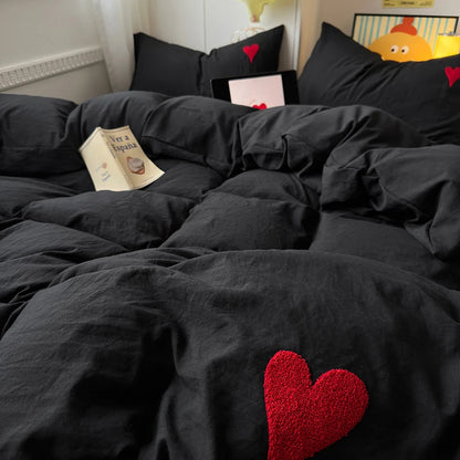 Cool Black Duvet Cover Set – Nordic Embroidered Heart Luxury Bedding, 4-Piece Set for Girls