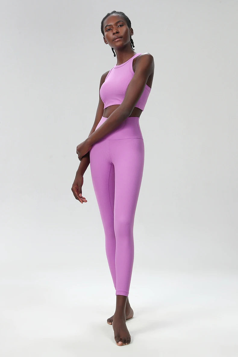 3PCS Women’s Fitness Yoga Set – Solid Color Ribbed Long Sleeve Top & High Waist Leggings, Breathable Workout Sportswear