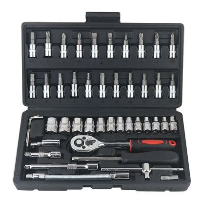 46-Piece Car Repair Tool Kit – 1/4 Inch Socket Set with Ratchet, Torque Wrench & Pry Tools for Auto Maintenance
