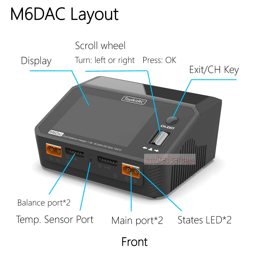 ToolkitRC M6DAC Dual Channel Smart LiPo Battery Charger – 200W AC, 350W DC x2, 15A for 1-6S LiHV PD 65W Discharger