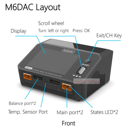ToolkitRC M6DAC Dual Channel Smart LiPo Battery Charger – 200W AC, 350W DC x2, 15A for 1-6S LiHV PD 65W Discharger