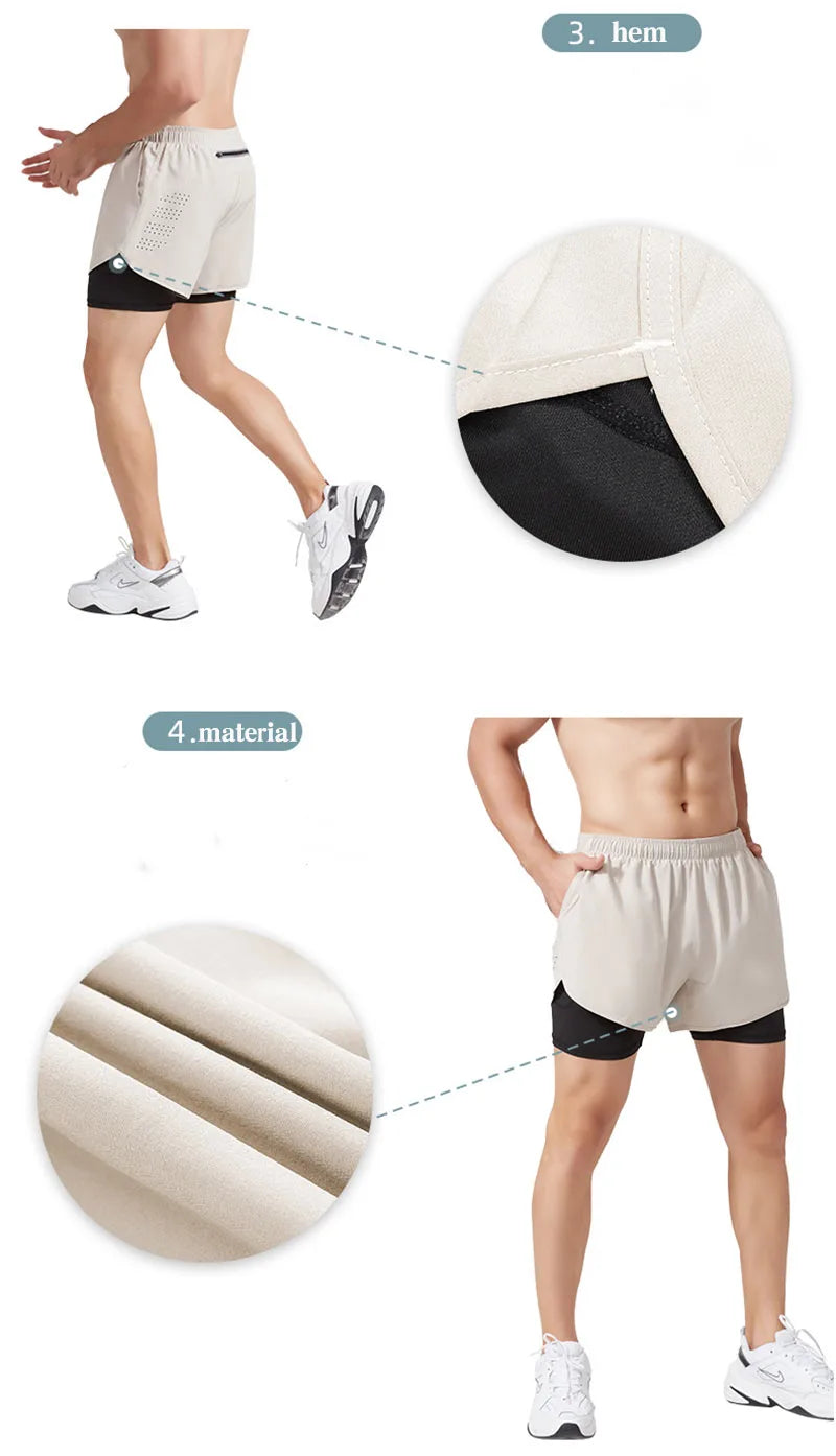 Men’s Quick-Dry Running Shorts — Black Double Layer Sport Workout Training Bodybuilding Shorts