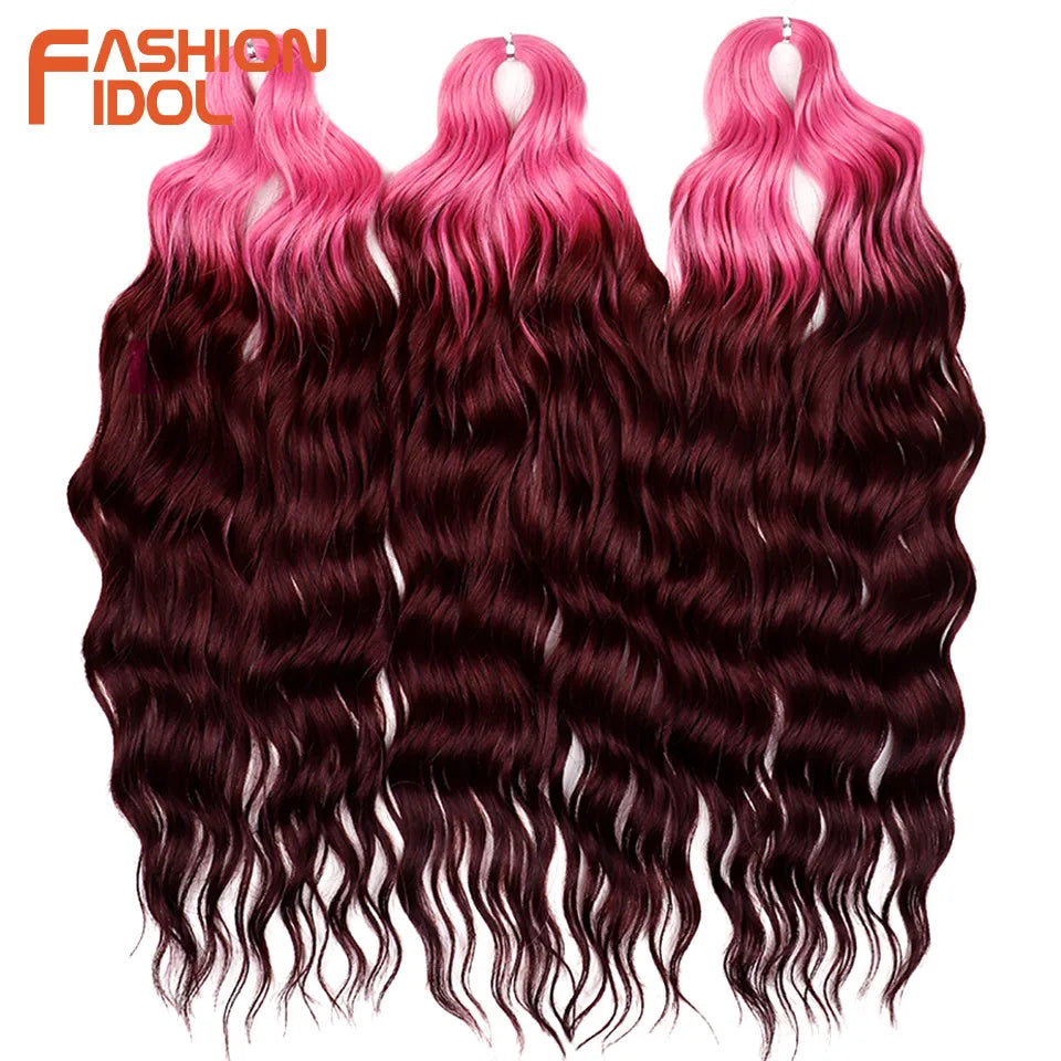 FASHION IDOL 24" Deep Wave Crochet Hair - 3-Piece Synthetic Water Wave Braiding Extensions, Ombre Rainbow Twist Hair