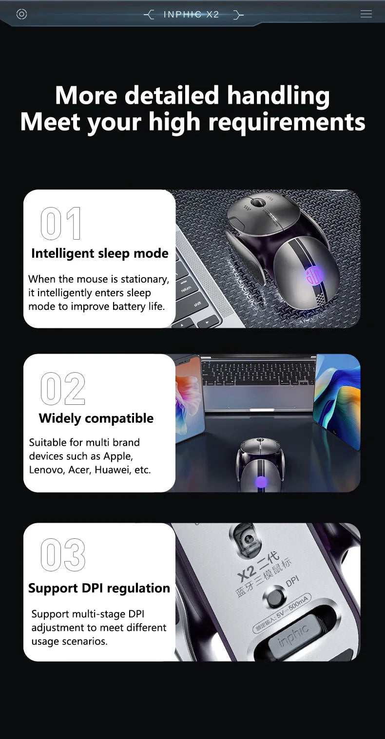 Inphic X2 Silent Bluetooth Mouse – Rechargeable Wireless Gaming & Office Mouse with Metal Base for Computer & Laptop