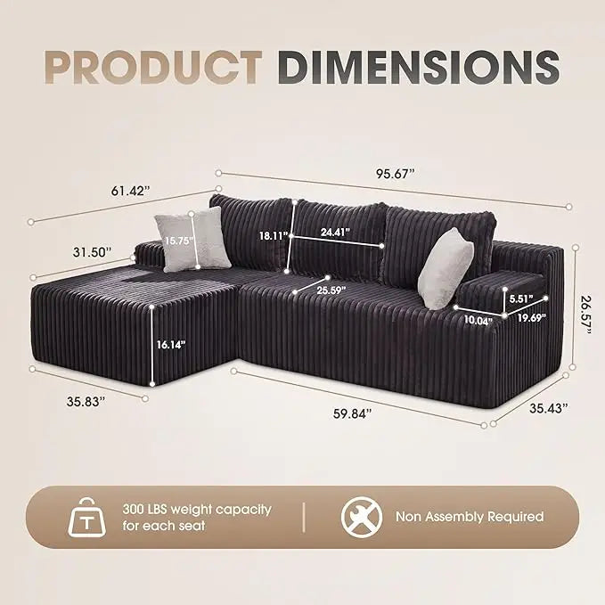 Modular L-Shaped 3-Seat Sectional Sofa — Memory Foam, Deep Seating & Storage