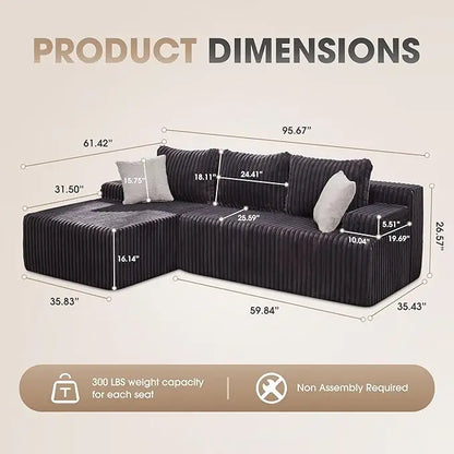 Modular L-Shaped 3-Seat Sectional Sofa — Memory Foam, Deep Seating & Storage