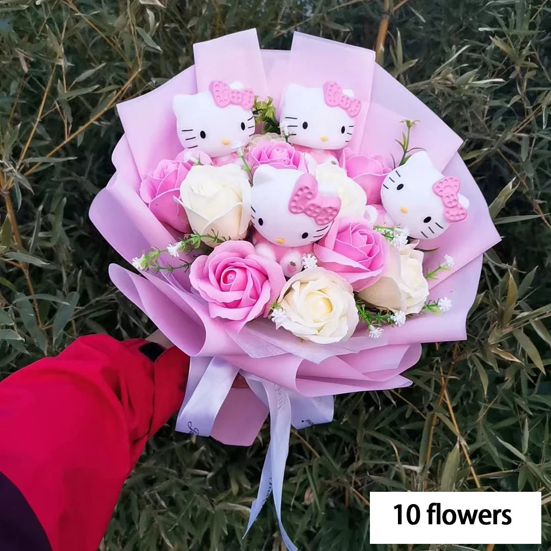Hello Kitty Plush Bouquet — Anime Rose Soap Flowers for Wedding & Home Decor