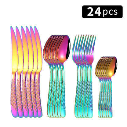 24-Piece Stainless Steel Tableware Set – Star Design Steak Knives, Forks, Dessert Forks, and Spoons for Family Use