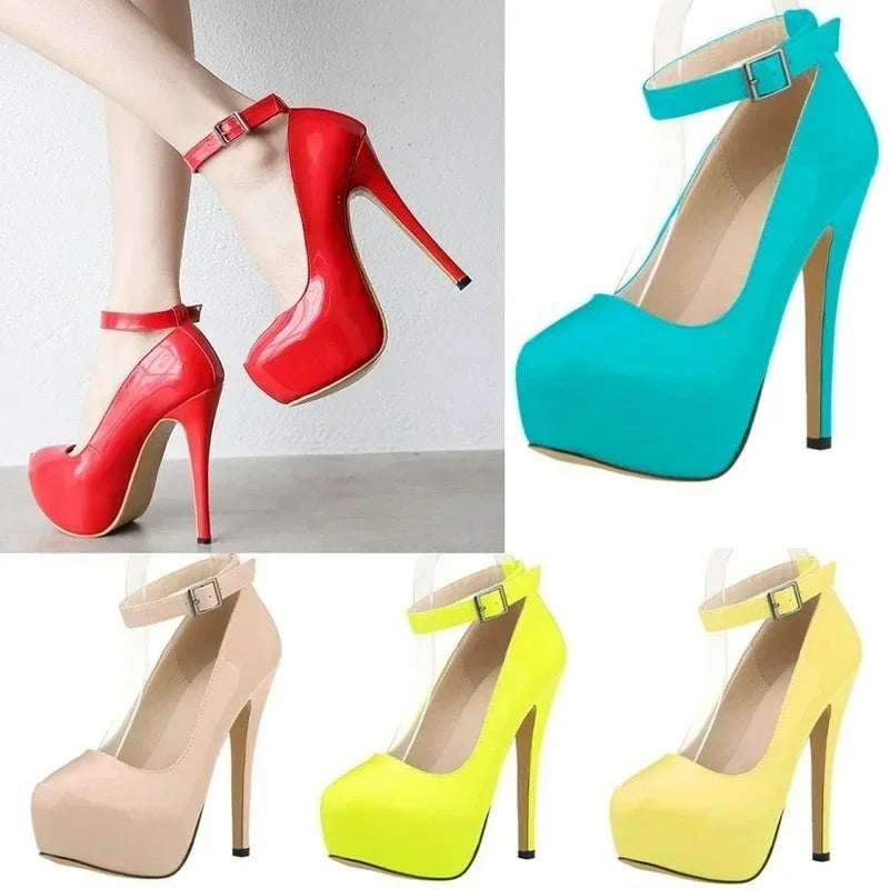 Women’s Patent Leather Stiletto Pumps – 14cm High Heels with Buckle Ankle Strap, Sexy Wedding & Fashion Shoes, Size 44