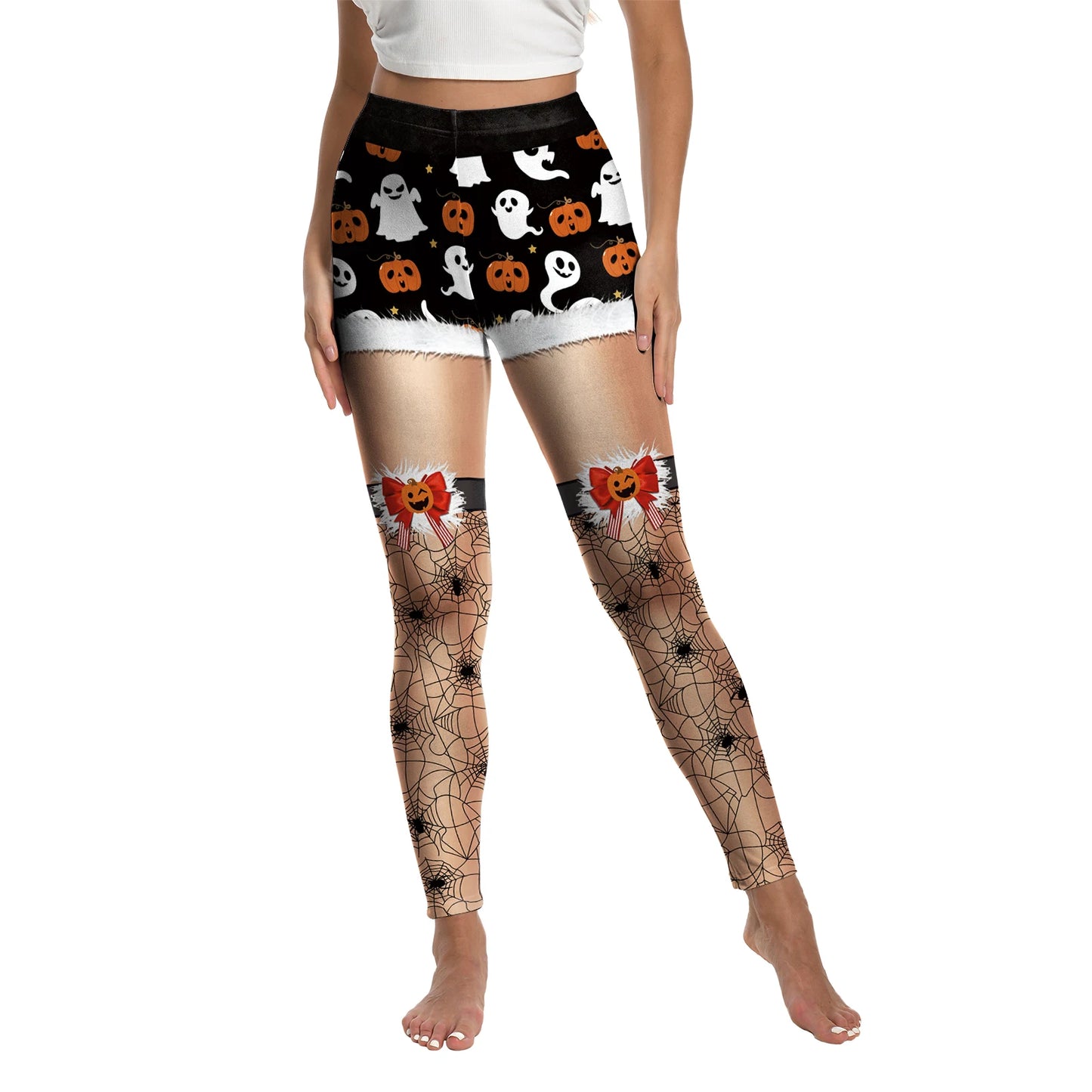 Women’s Halloween Leggings - Spooky Pumpkin Stripe Graphic Stretch Pants for Parties & Workouts