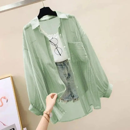 Summer Sunscreen Shirt – Elegant Thin Chiffon Korean Harajuku See-Through Loose Blouse & Casual Women’s Cardigan