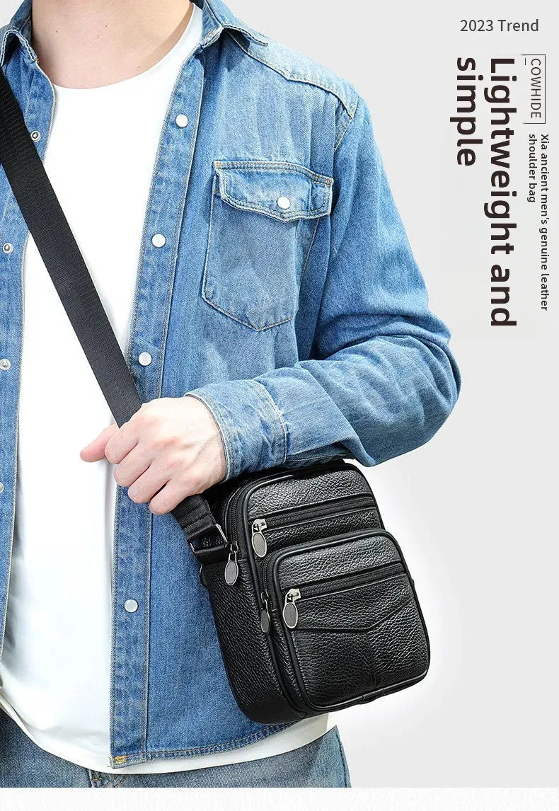 Men’s Genuine Leather Crossbody Bag – Small Outdoor Casual Bag for Motorcycle and Daily Use