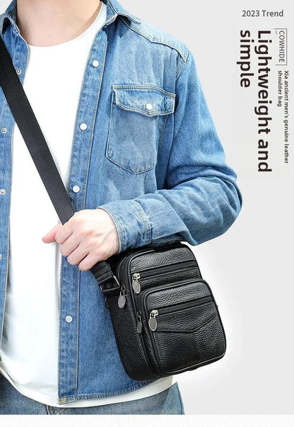 Men’s Genuine Leather Crossbody Bag – Small Outdoor Casual Bag for Motorcycle and Daily Use