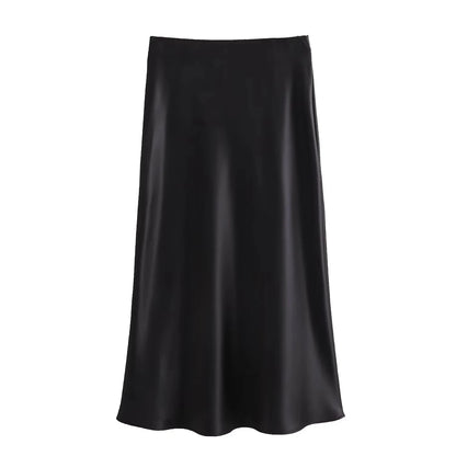 TRAFZA 2024 Y2K Women’s Long Skirt – Elastic High-Waist A-Line Satin Skirt for Spring Casual & High Street Fashion