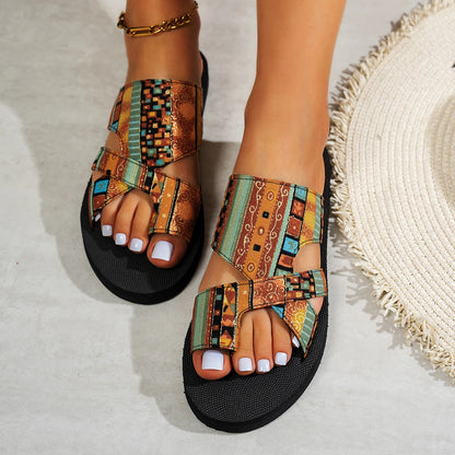 Women’s Summer Platform Sandals - Colorful Open Toe Slip-On Beach Slippers Lightweight Ethnic Style Shoes