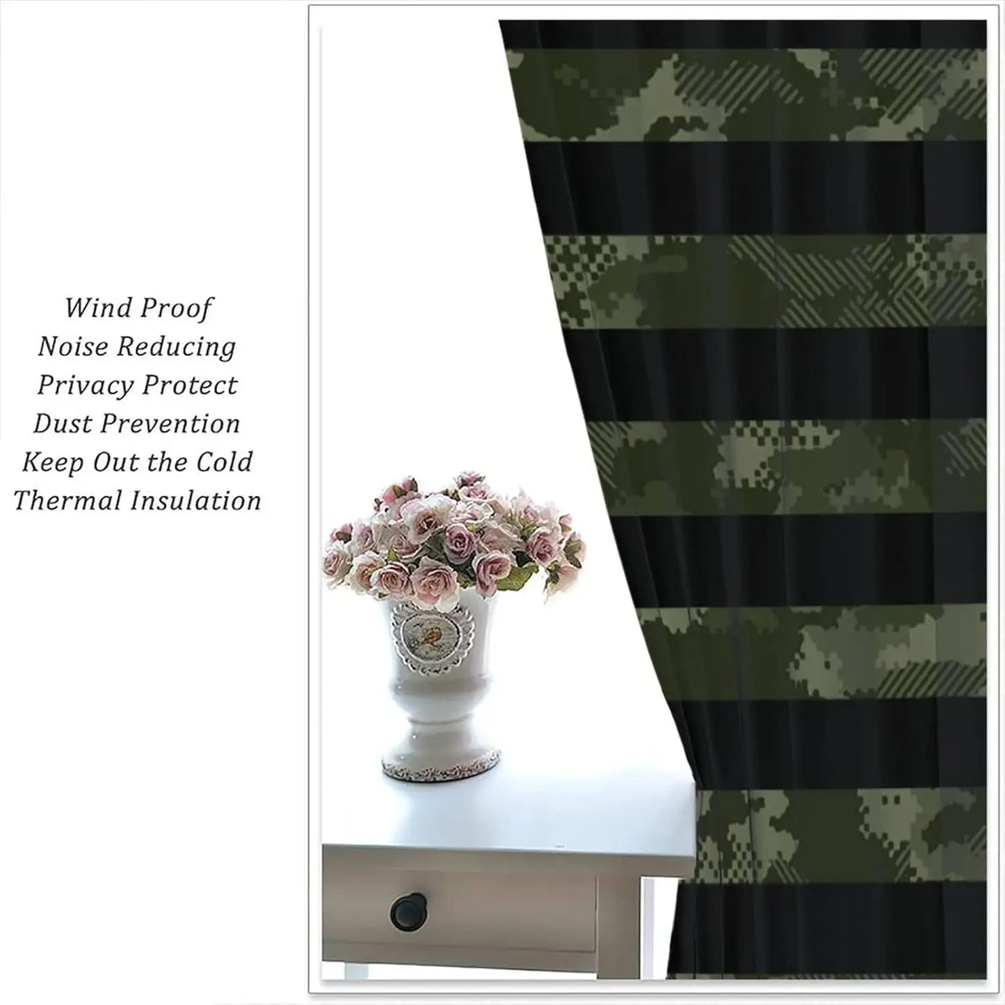 Flag Blackout Curtains – Rustic Green Camo Military USA Flag with Vintage Black Stripes and Thermal Insulation