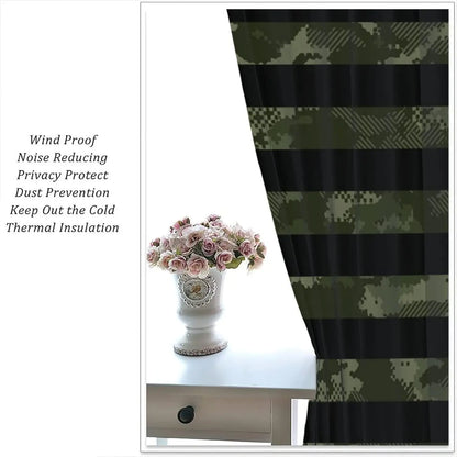 Flag Blackout Curtains – Rustic Green Camo Military USA Flag with Vintage Black Stripes and Thermal Insulation