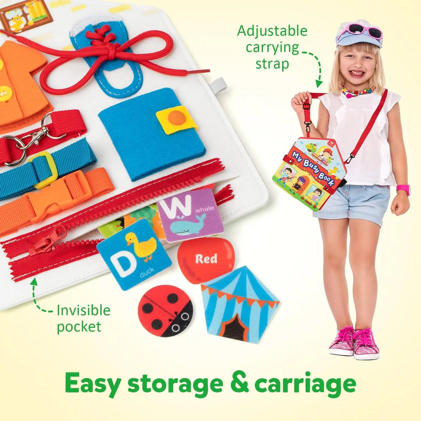Toddler Montessori Busy Board – Dinosaur Dress-Up, Learning & Sensory Activities, Travel Toy & Life Skills Backpack