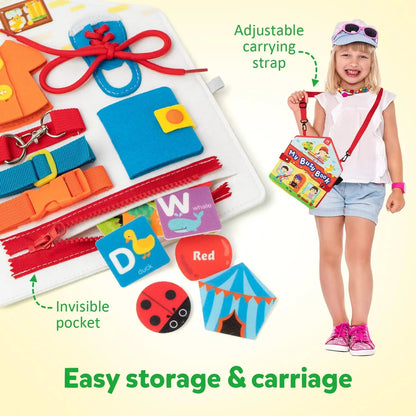 Toddler Montessori Busy Board – Dinosaur Dress-Up, Learning & Sensory Activities, Travel Toy & Life Skills Backpack