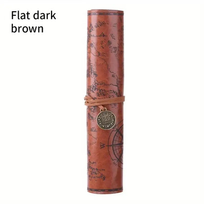 Creative Retro Leather Pencil Case – Large Capacity Roll-Up Bag with Embossed Treasure Map & Buckle Closure