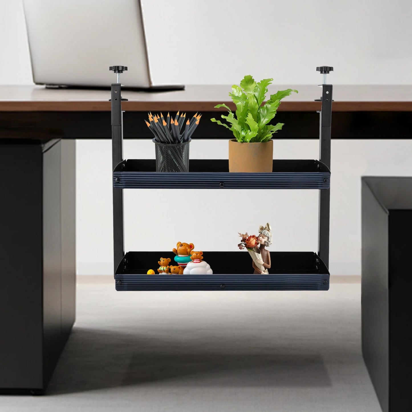 2-Tier Clamp-On Desk Shelf – Corner Table Organizer, Above or Under Desk, Black