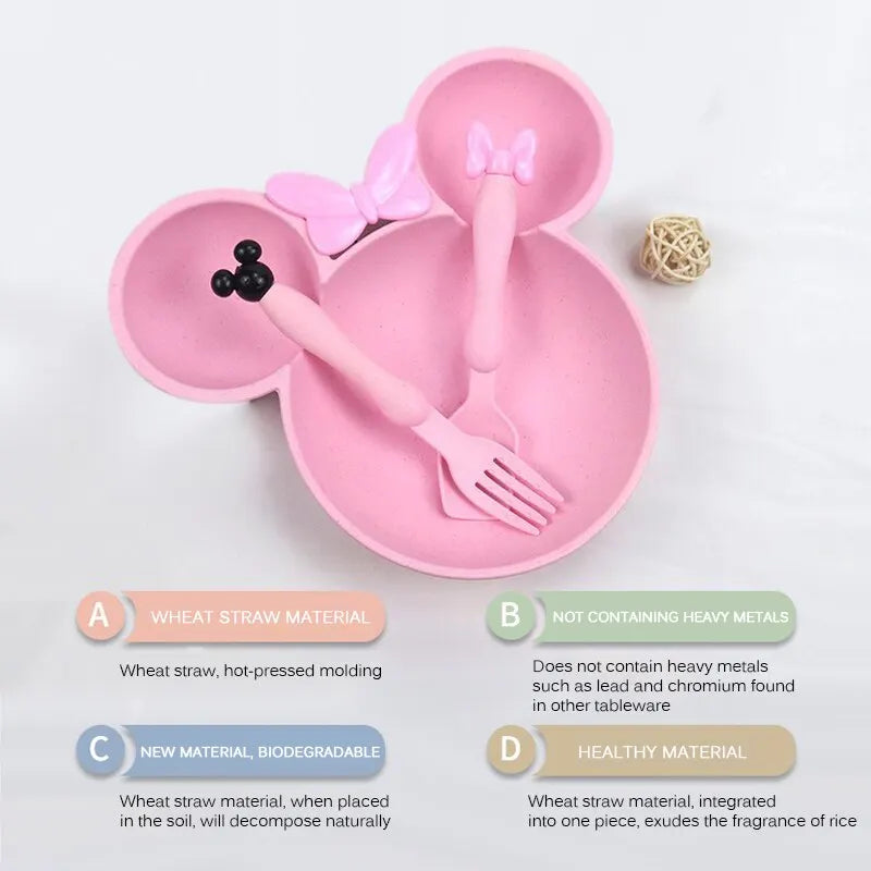 3Pcs/set Cartoon Baby Tableware Set: Wheat Straw Children's Dishes with Bowknot Food Plate, Spoon, Fork - Kids Dinner Feeding Plate