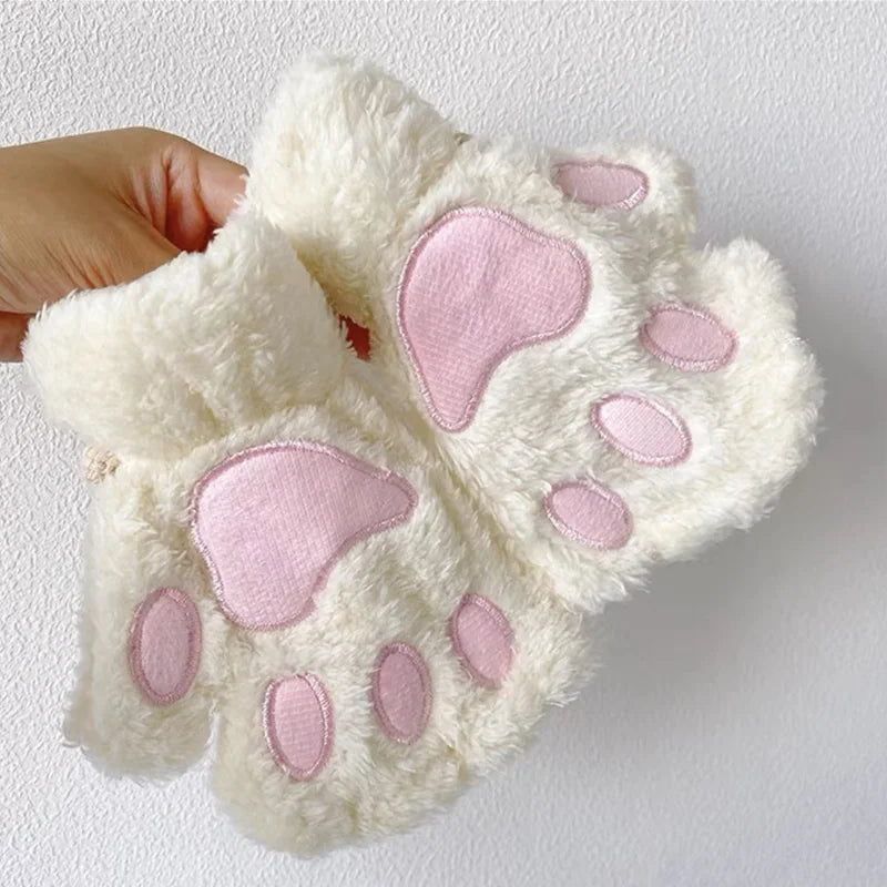 Cartoon Cute Cat Claw Paw Gloves - Women's Plush Mittens for Warmth and Style - Soft, Fingerless, Fluffy Bear Cat Costume Gloves
