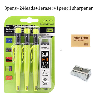 Carpenter’s Pencil Set with 2.8mm Leads - Deep-Hole Marking Pencil & Sharpener for Woodworking and Construction