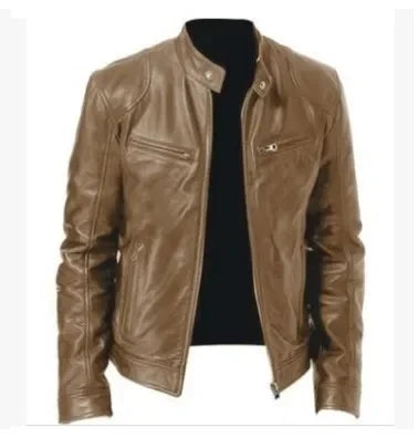 Men’s Slim Fit Motorcycle Leather Jacket – Short Lapel PU Zipper Windproof Coat for Autumn
