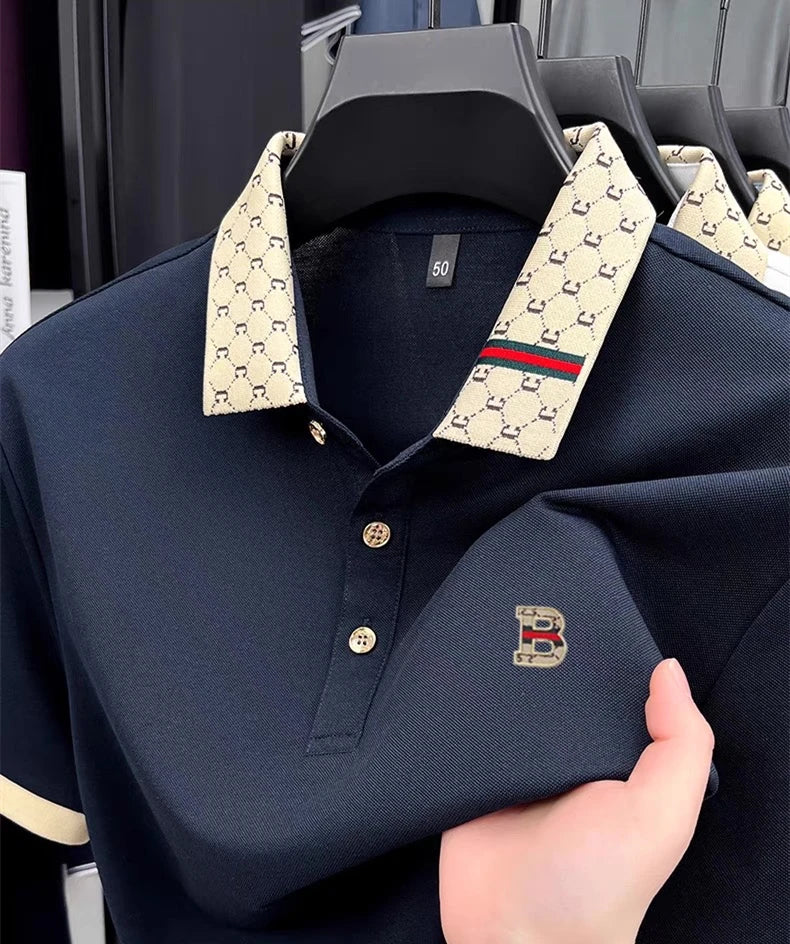 Men's Luxury Color Block Polo Shirt - Embossed Letter Short Sleeve Breathable Summer Fashion Top