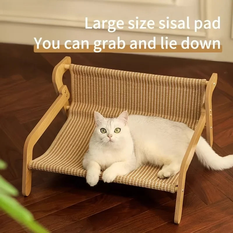 Large Sisal Cat Scratcher Lounge Bed – 2-in-1 Off-Ground Wooden Frame Cat Hammock, Breathable Scratch & Rest Sofa for Cats