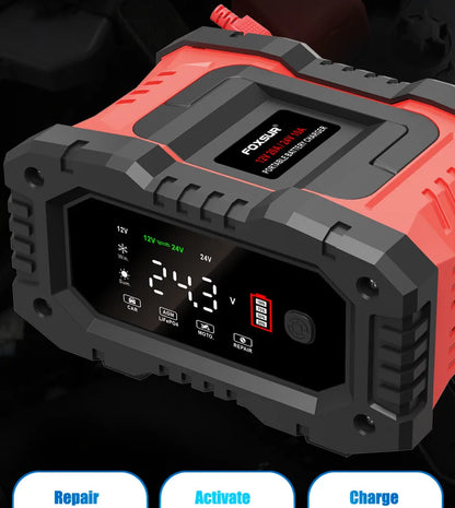12V/24V Fully Automatic Smart Battery Charger — 7-Segment Pulse Repair for AGM, GEL, WET Lead-Acid Car Batteries
