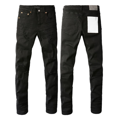 2025 Men’s High Street Ripped Skinny Jeans — Low Rise Blue Distressed Denim Fashion Repair Trousers 9003