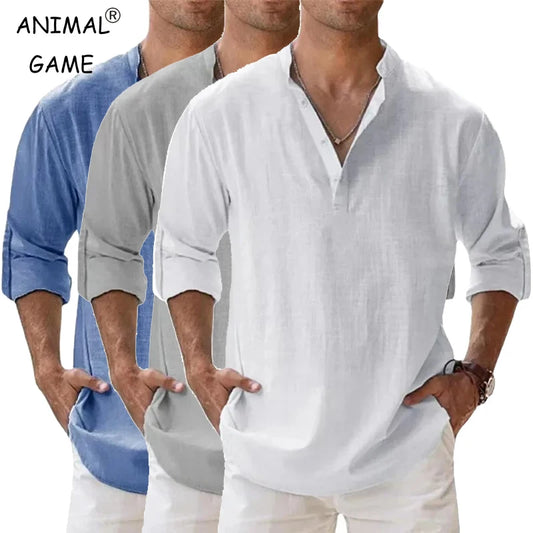 Men’s Lightweight Long Sleeve Henley Shirt — Cotton Linen Streetwear, Beach & Hawaiian Style