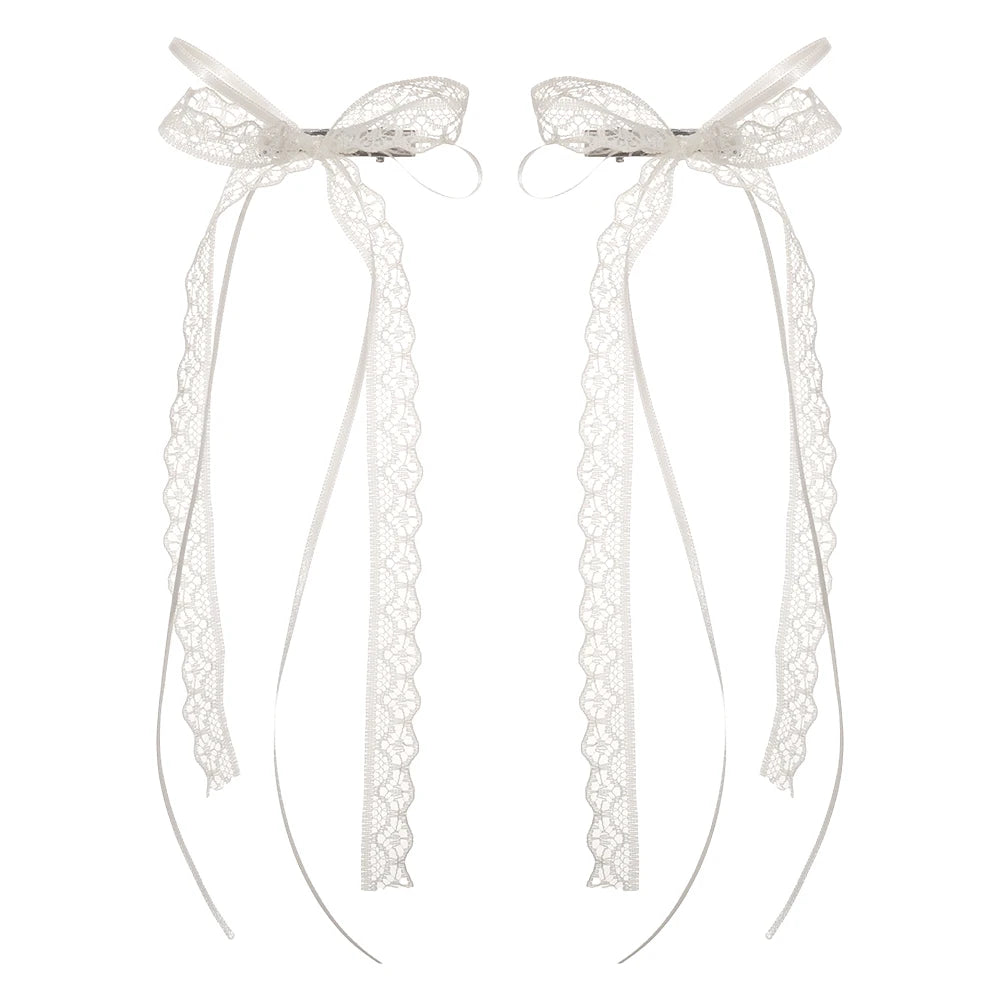 Korean Lace Cream White Bow Ribbon Hair Clip – Bullet Style Side Shredded Hairpin, Headpiece for Women, New Headwear