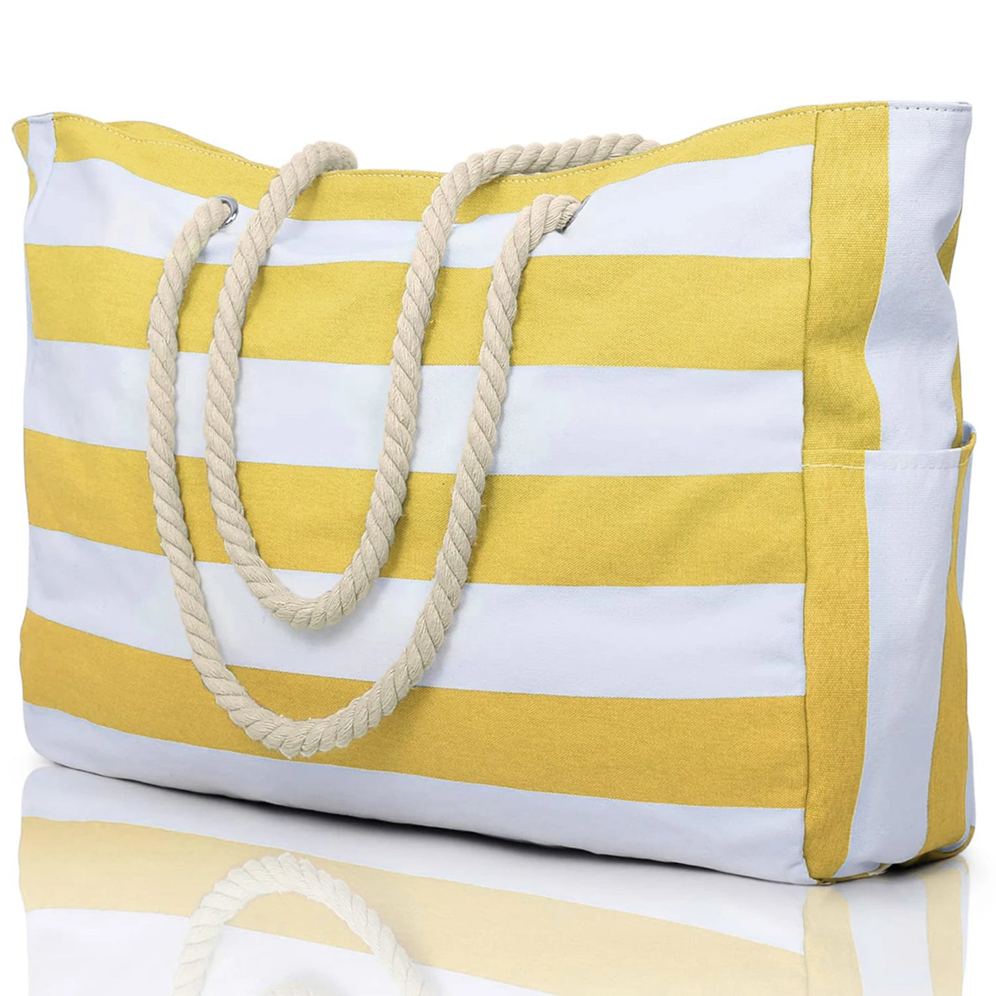 Striped Waterproof Canvas Beach Bag – Zippered Foldable Tote for Outdoor Travel and Vacation, Sand-Resistant Design