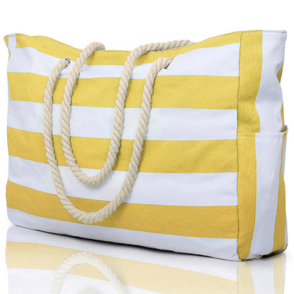 Striped Waterproof Canvas Beach Bag – Zippered Foldable Tote for Outdoor Travel and Vacation, Sand-Resistant Design
