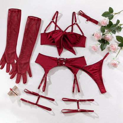 Push-Up Bikini Set - Hollow-Out Three-Piece Swimsuit with Garter Belt & Gloves