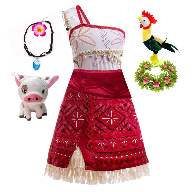 Girls Moana 2 Dress - Halloween Party Adventure Costume, Princess Fancy Clothes, Vaiana with Pet Pig Outfit