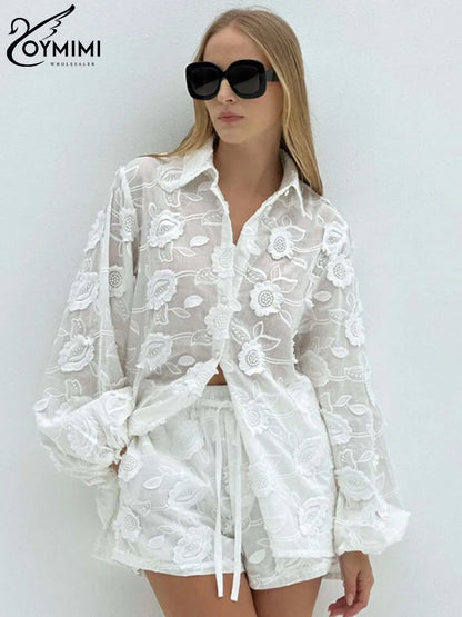 Oymimi Women’s Summer 2-Piece Cotton Set – White Jacquard Button Shirt & High Waist Shorts Casual Outfit for Women