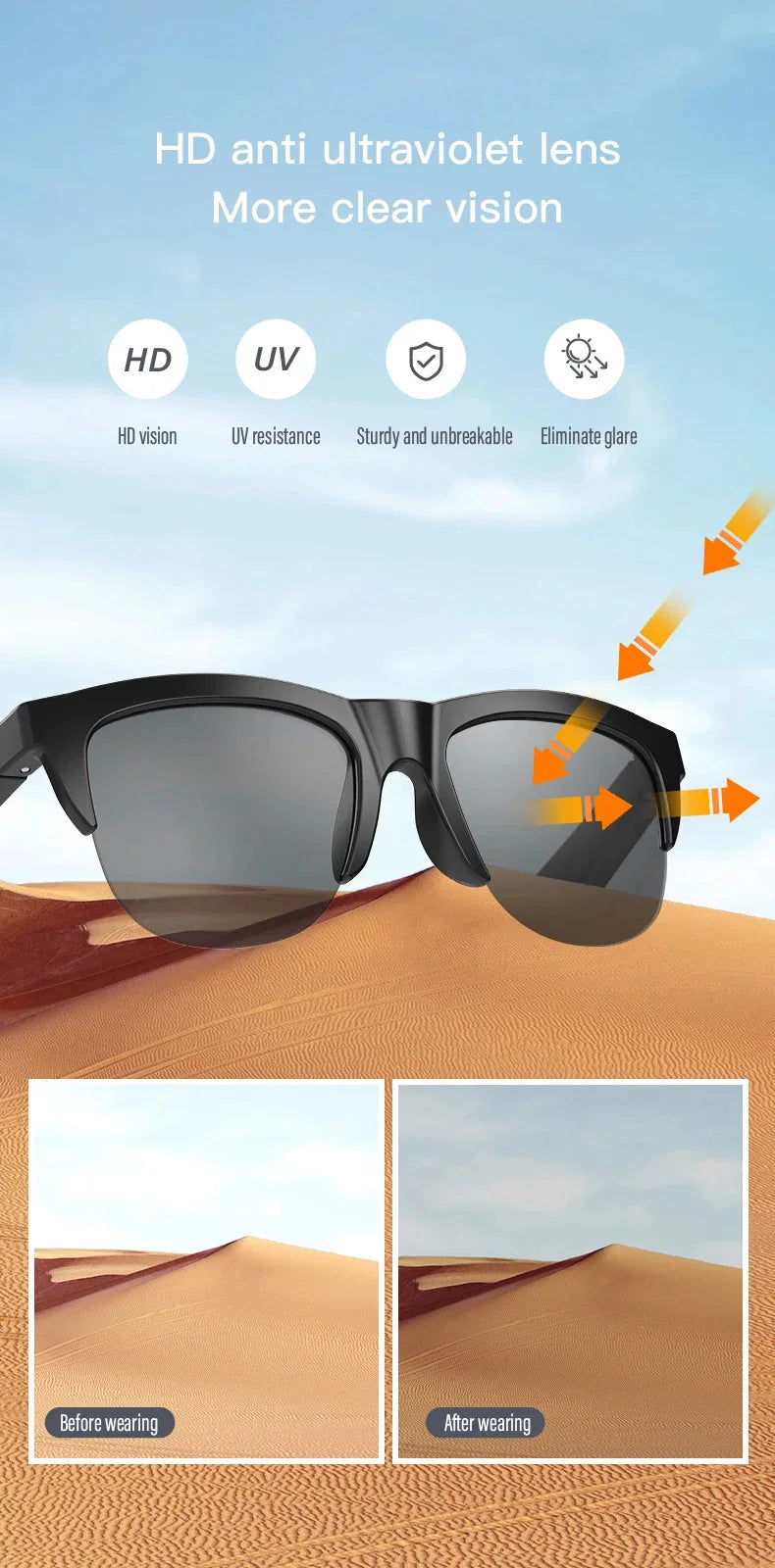 Smart Bluetooth V5.3 Sunglasses – HIFI Audio Glasses with Call Function, UV Protection, Anti-Touch Tech for Outdoor Sports Men & Women