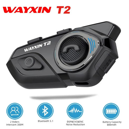 WAYXIN T2 Motorcycle Helmet Bluetooth Headset – Waterproof 300M Intercom for 2 Riders, BT 5.1 Moto Interphone