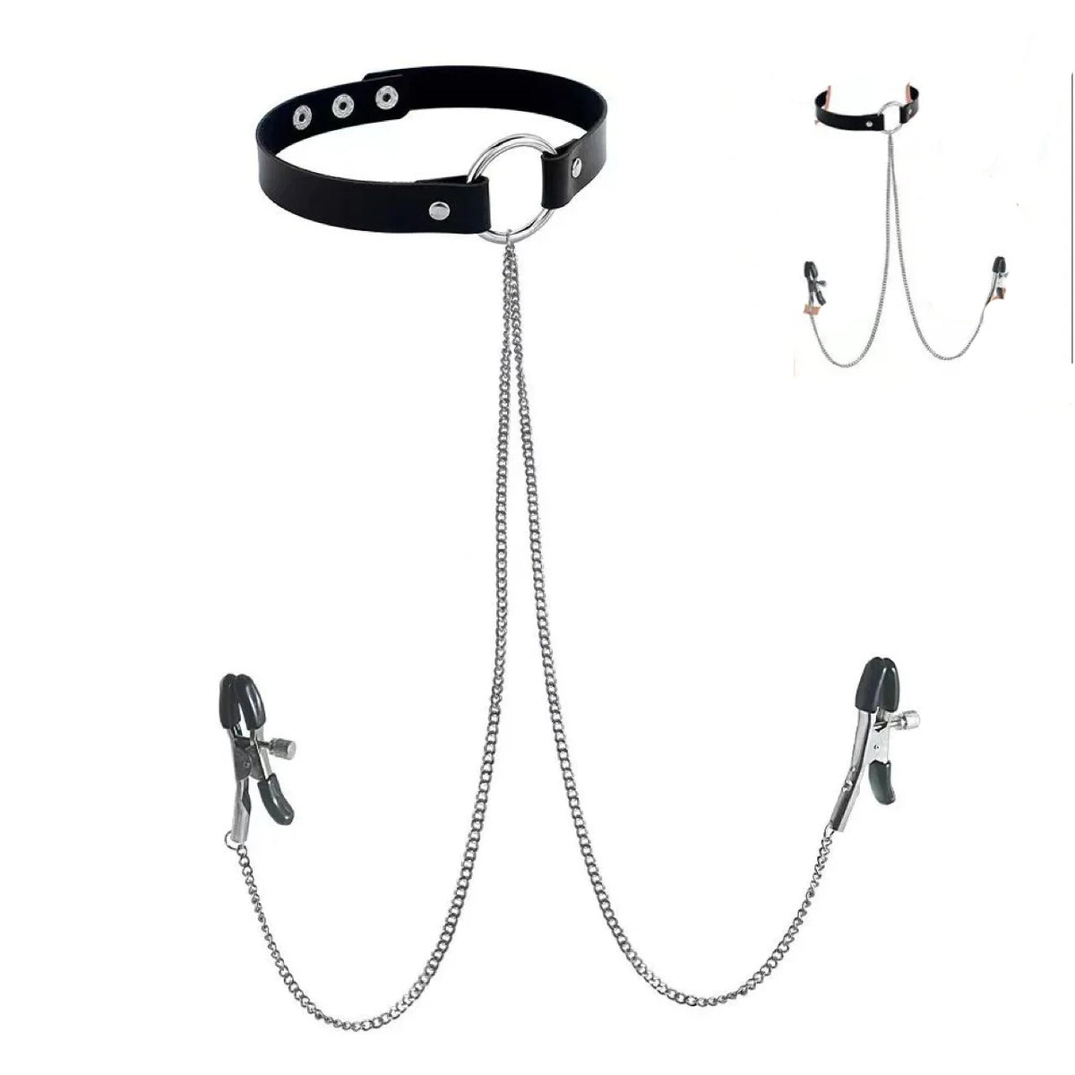 Adjustable Nipple Clamp and Collar Leash Set - BDSM Bondage Chain Accessories with Punk-Inspired Jewelry Design
