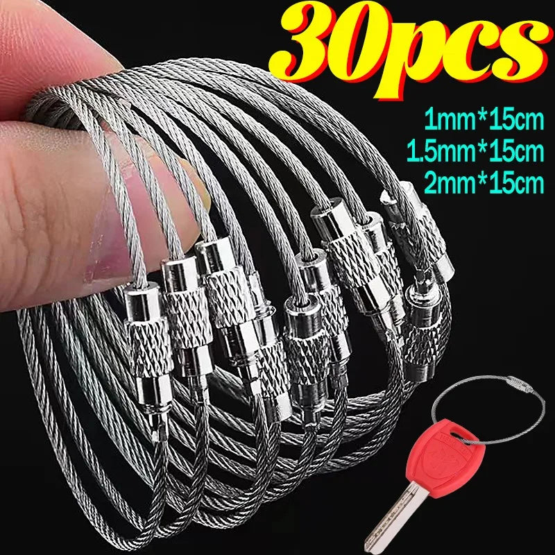 Metal Keychain Tag with Stainless Steel Wire Cable - Screw Lock Gadget Ring for Camping & Hardware