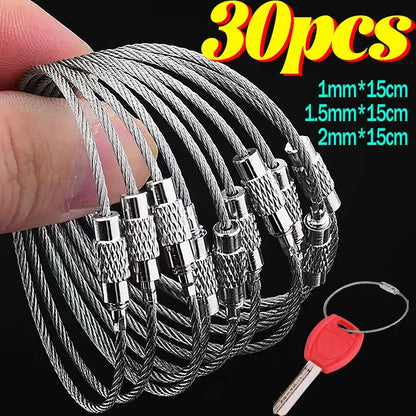 Metal Keychain Tag with Stainless Steel Wire Cable - Screw Lock Gadget Ring for Camping & Hardware