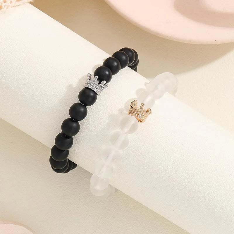 Handmade Crown Beaded Charms Bracelet Set - Luminous Heart Glow In The Dark Couple Bracelet for Men Women - Fluorescent Gift (2pcs)