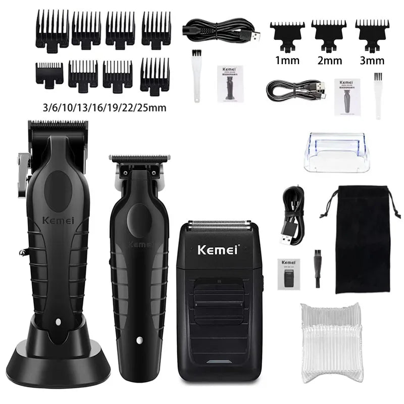 Kemei Professional Hair Clipper Kit – KM-2296, KM-2299, KM-1102 Electric Shaver & Cordless Trimmer for Men’s Hair Cutting
