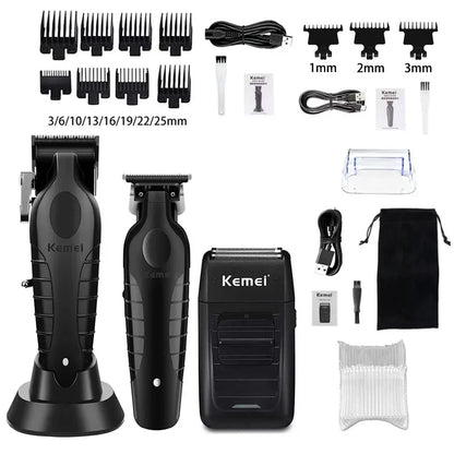 Kemei Professional Hair Clipper Kit – KM-2296, KM-2299, KM-1102 Electric Shaver & Cordless Trimmer for Men’s Hair Cutting