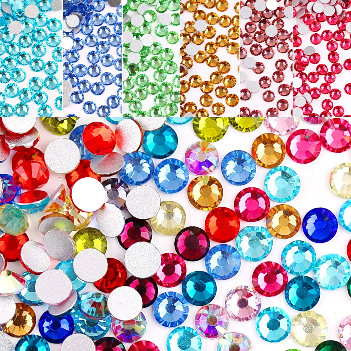 Glass Crystal Flatback Rhinestones SS6–SS30 Set – 7 Sizes Non-Hotfix Round Nail Art Beads for DIY Crafts & Decoration