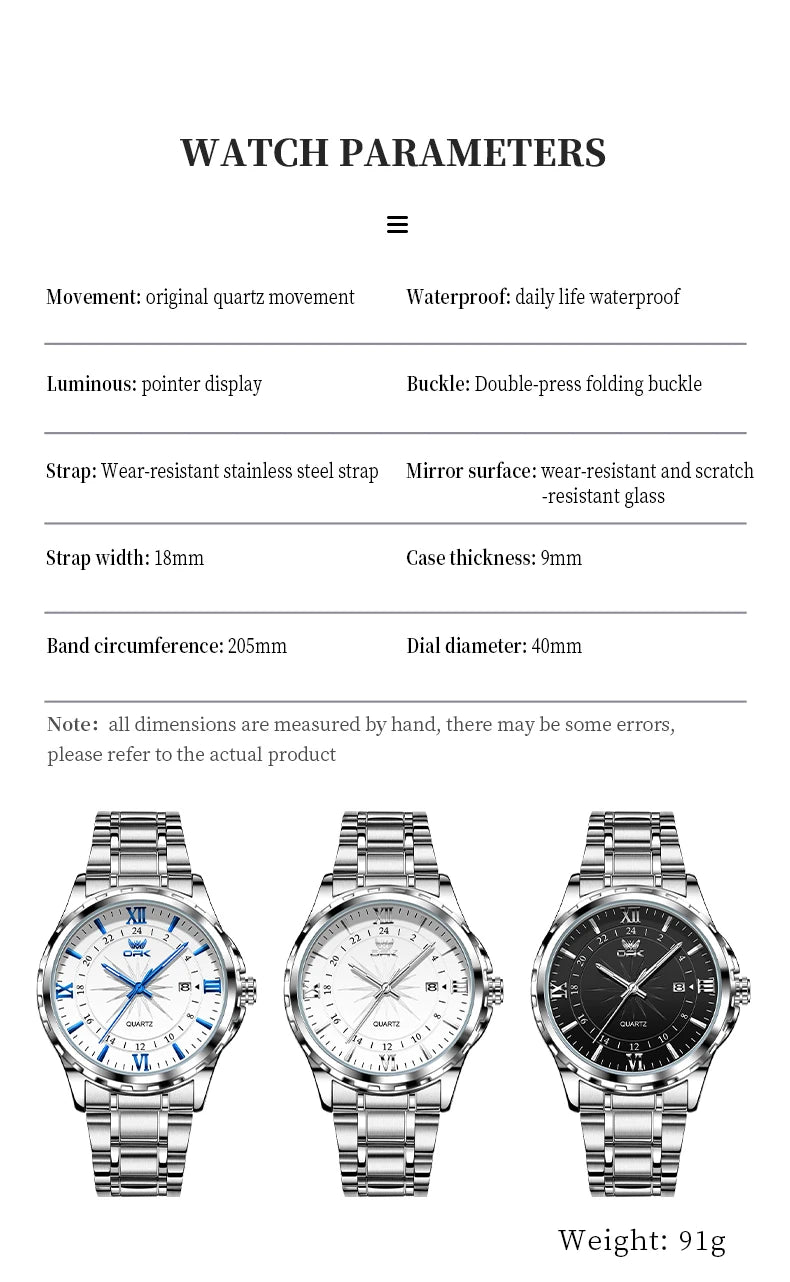 OPK Men's Quartz Watch — Steel Belt Dual Calendar Wristwatch Model 6003